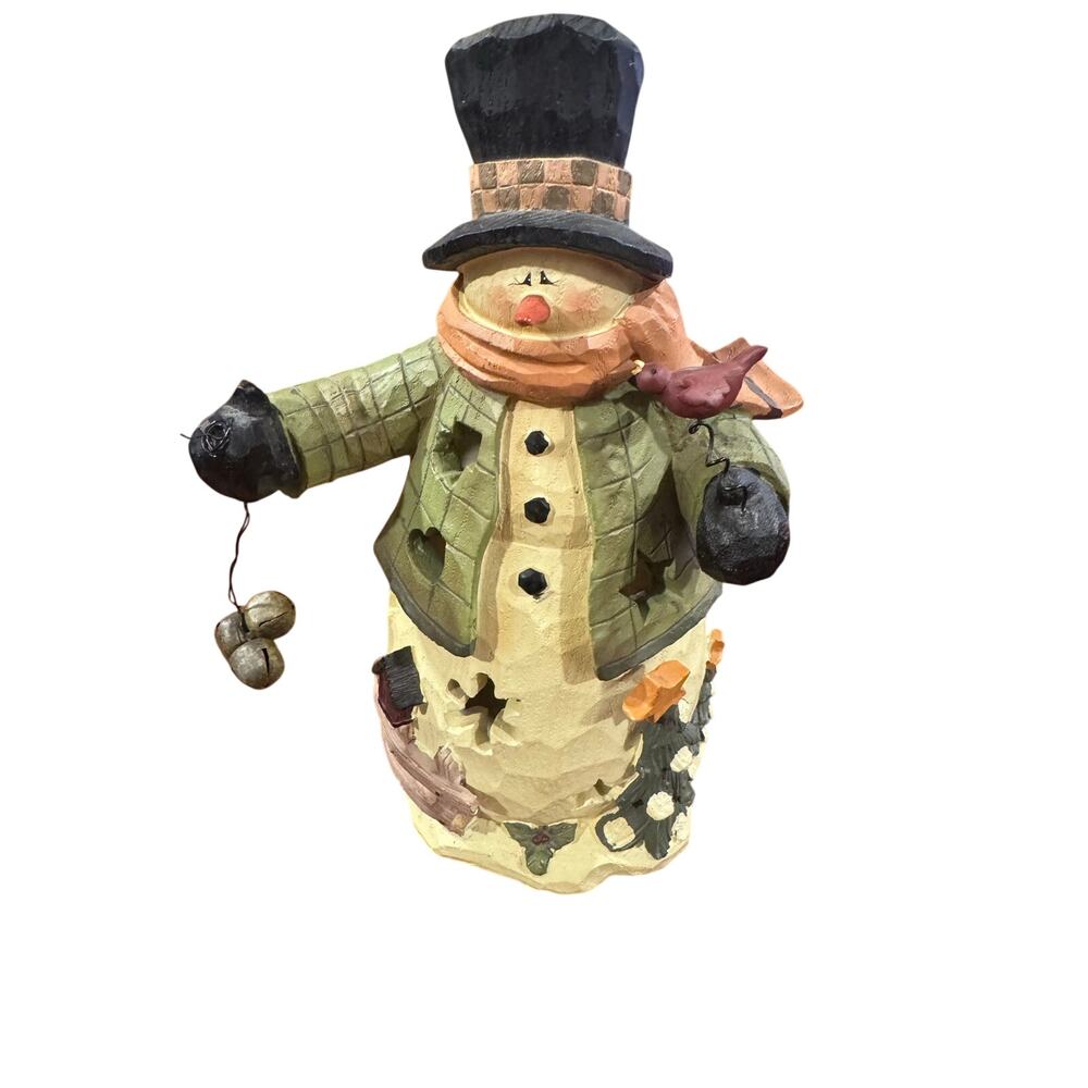Crazy Mountain Snowman Figurine Folk Art Christmas Bird Jingle Bells 9” Decor